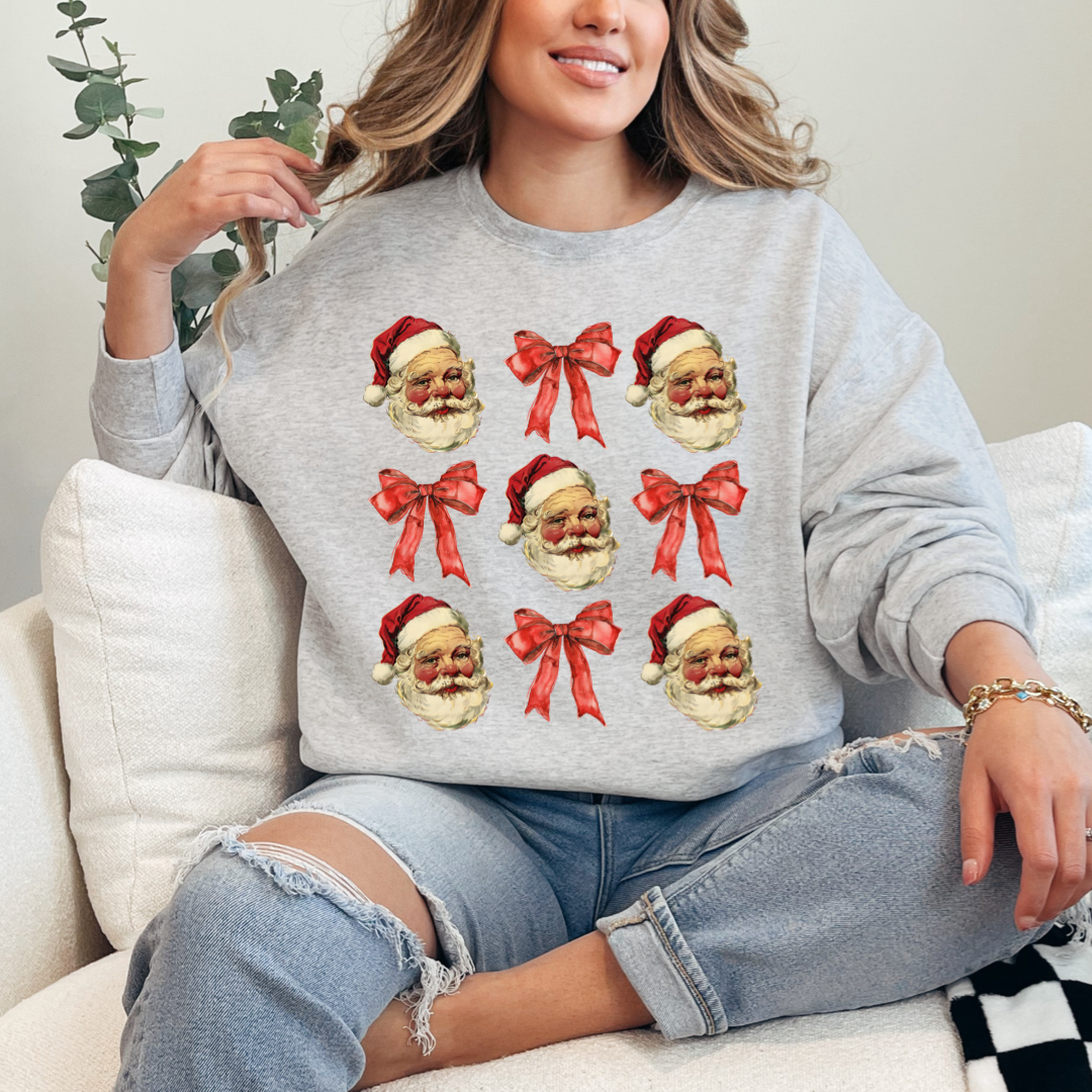 Santa With Red Bow Crewneck & Hoodie