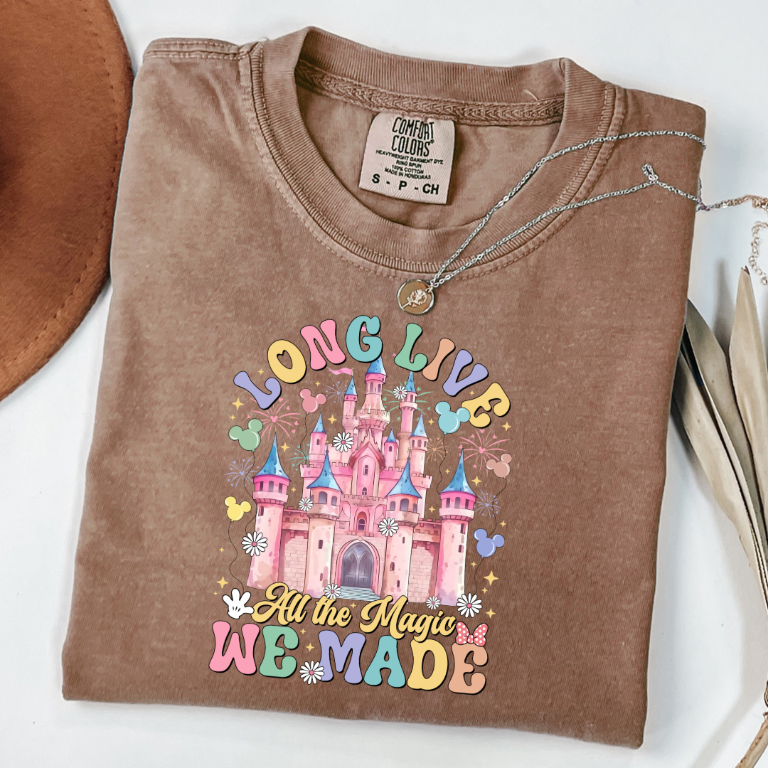 Customized adult comfort colors Espresso brown t-shirt with long live multi color long live bubble letters large castle in the middle with Mickey Mouse shaped balloons and flowers surrounding. Matching crewnecks and hoodies available in youth and adult sizes