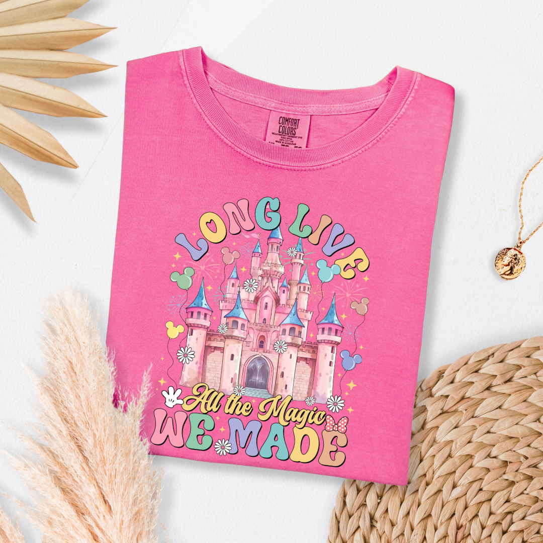 Customized adult comfort colors Crunchberry pink t-shirt with long live multi color long live bubble letters large castle in the middle with Mickey Mouse shaped balloons and flowers surrounding. Matching crewnecks and hoodies available in youth and adult sizes