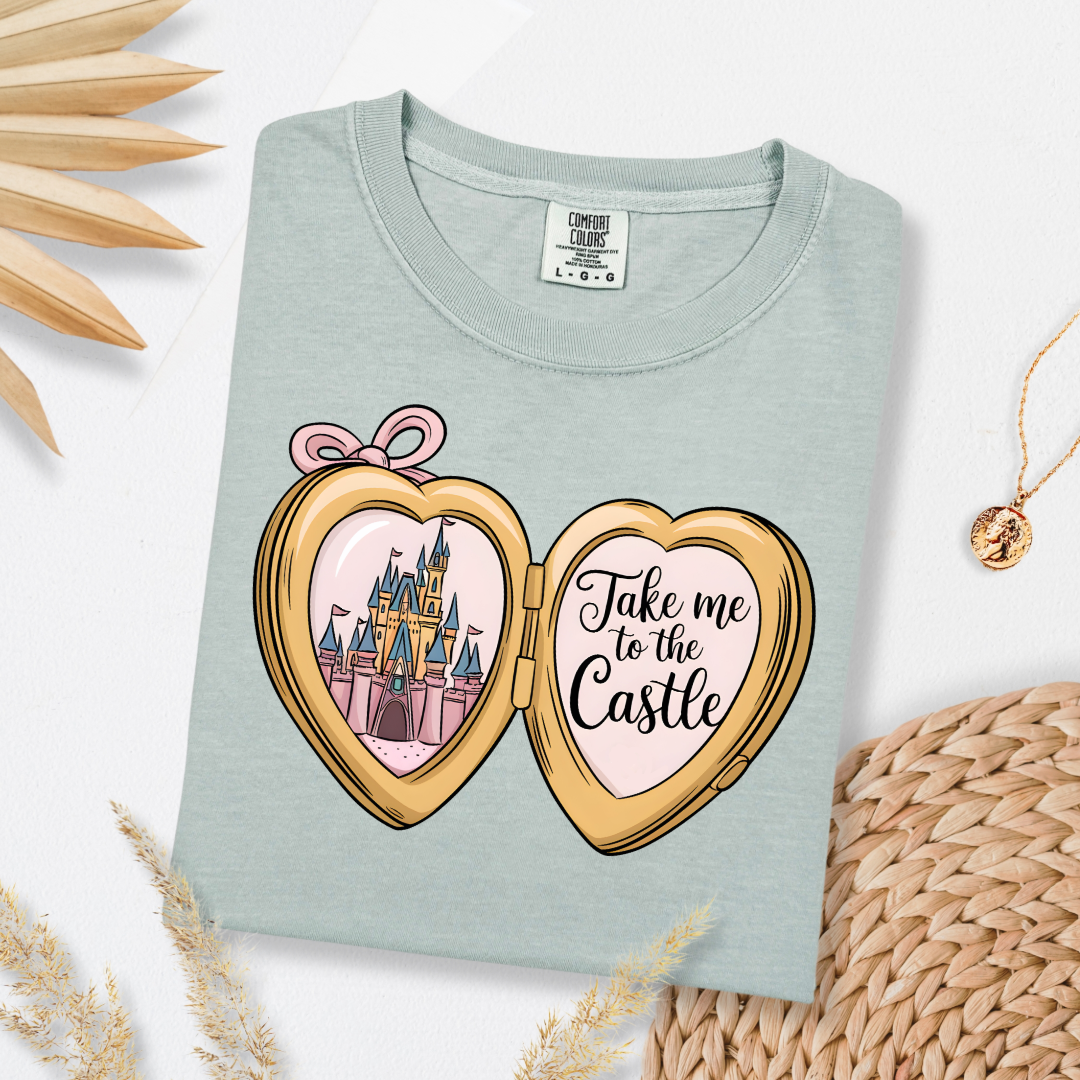 Customized Adult Bay Green Comfort colors Tee with locket caste design on the front Script take me to the castle Disney.