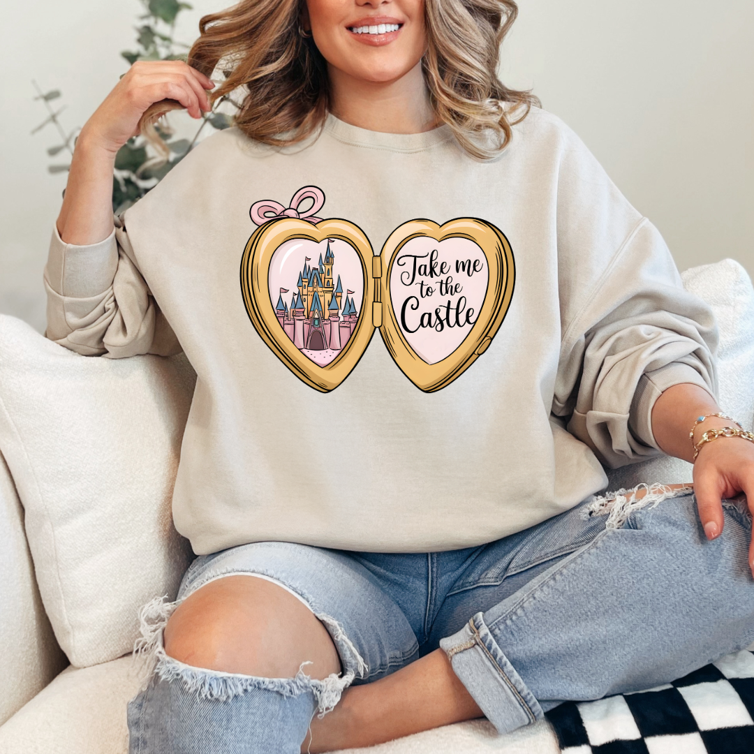 Customized Adult beige crewneck with locket castle design on the front Script take me to the castle Disney.