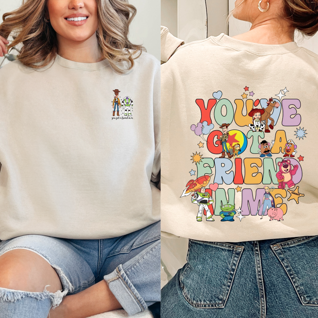 Customized Adult Beige Toy Story you've got a friend in me front and back crewneck matching youth tee and crewnecks available