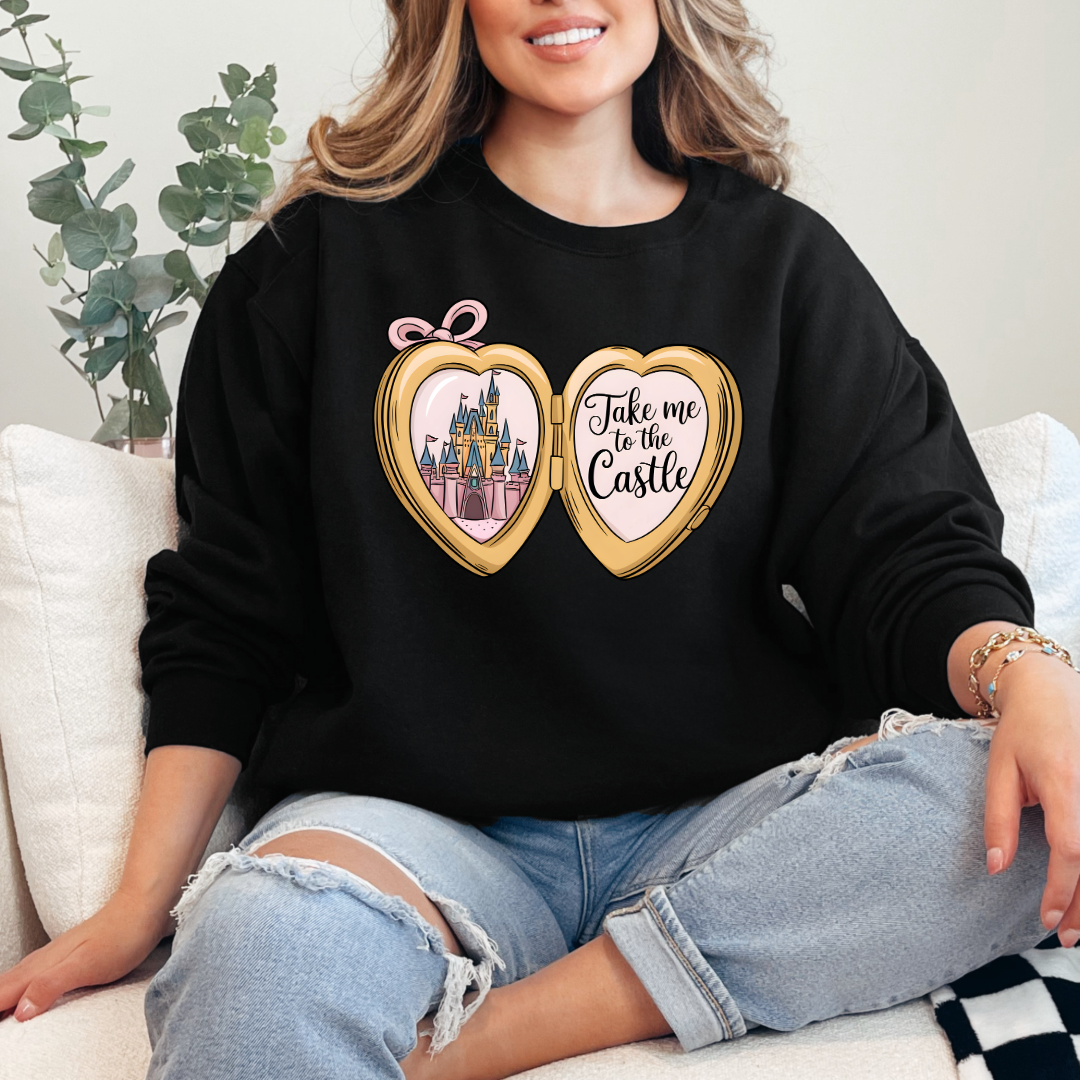 Customized Adult Black crewneck with locket castle design on the front Script take me to the castle Disney.
