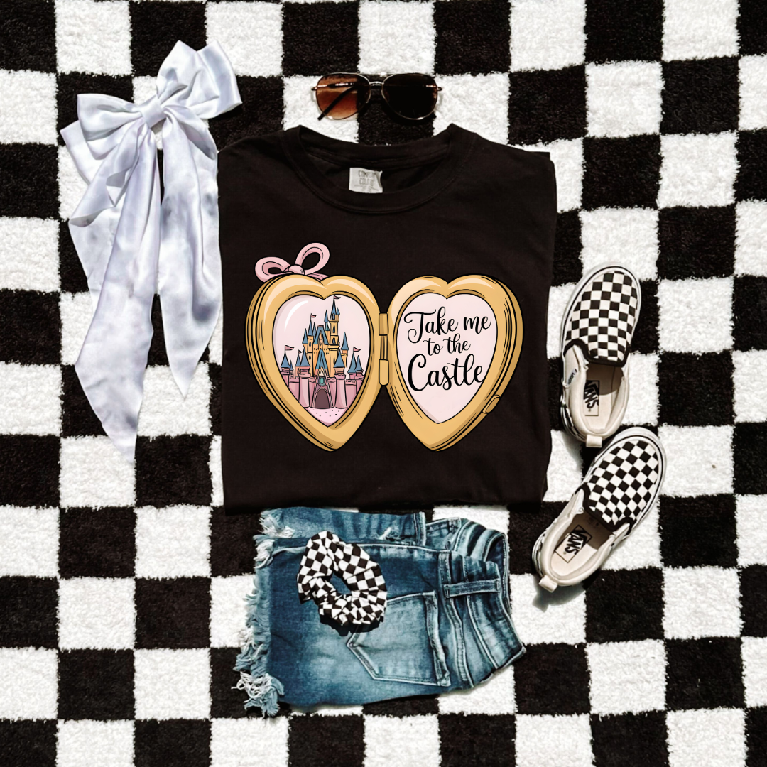 Customized Youth Black Comfort colors Graphic tee with locket castle design on the front Script take me to the castle Disney.