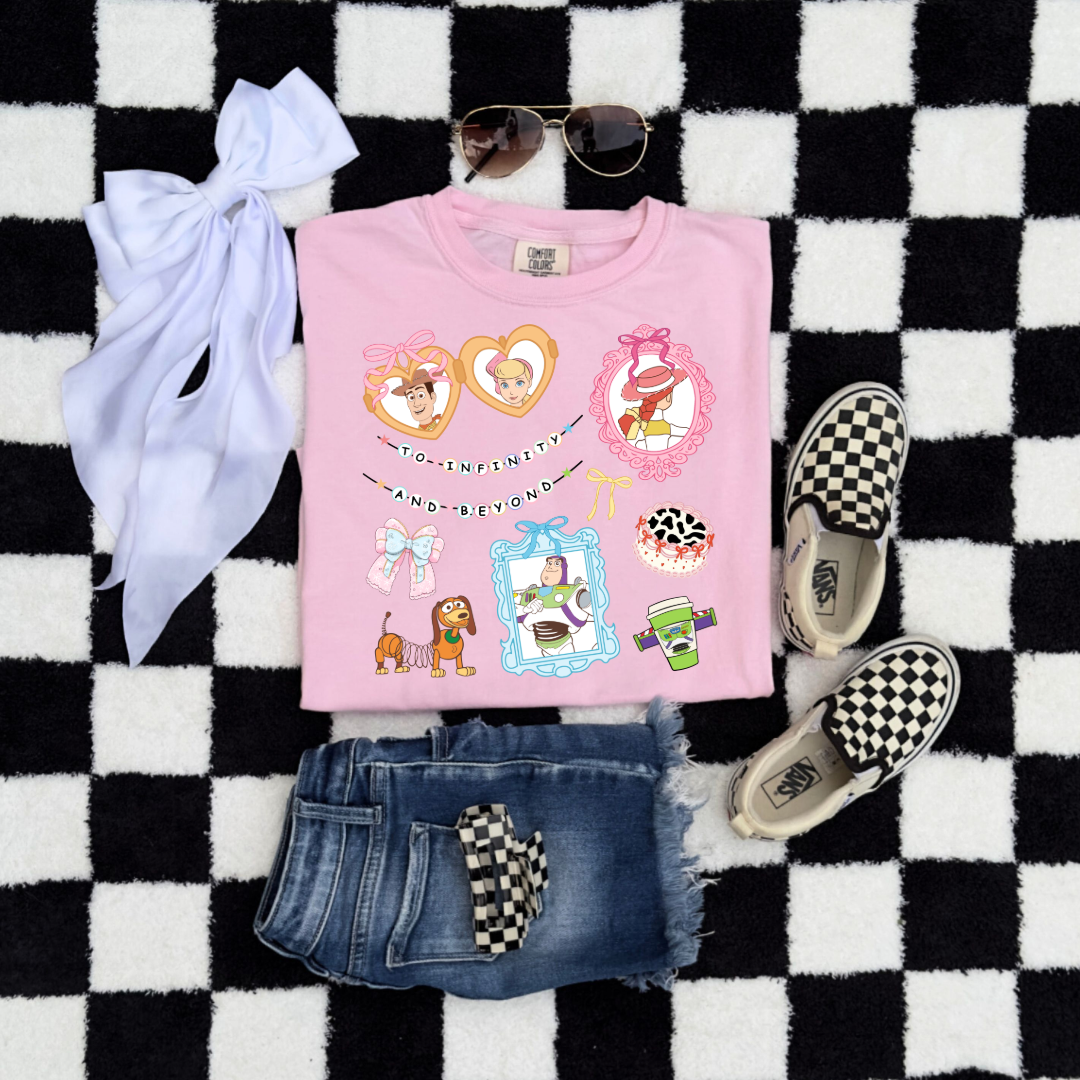 Customized Youth Blossom Pink Flat lay Crewneck Coquette Toy story Matching Adult crew, tee and Youth crew available