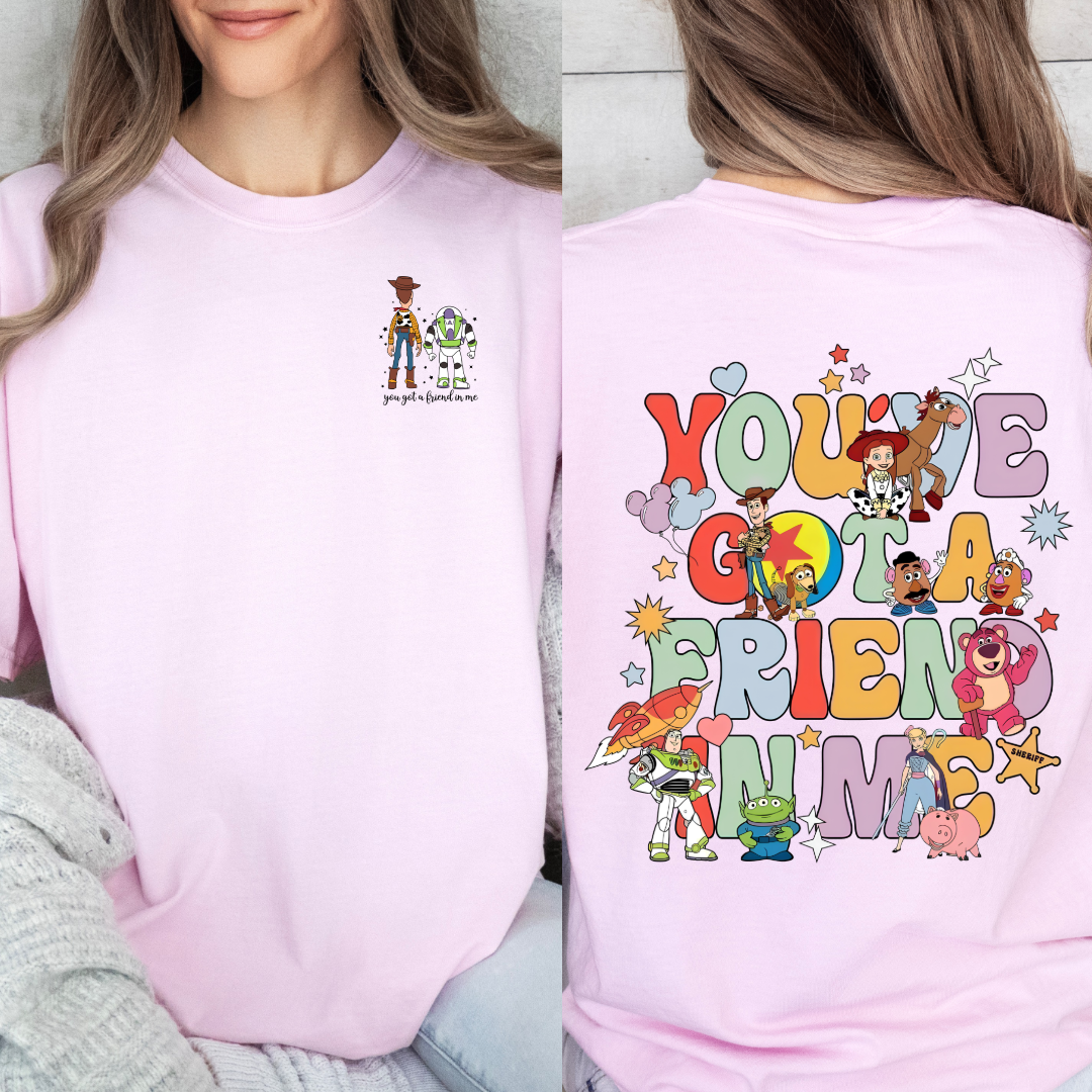 Adult Customized Toy Story Blossom Pink graphic tee You've got a friend in me bubble letters. Matching Youth Tee and crewneck available.