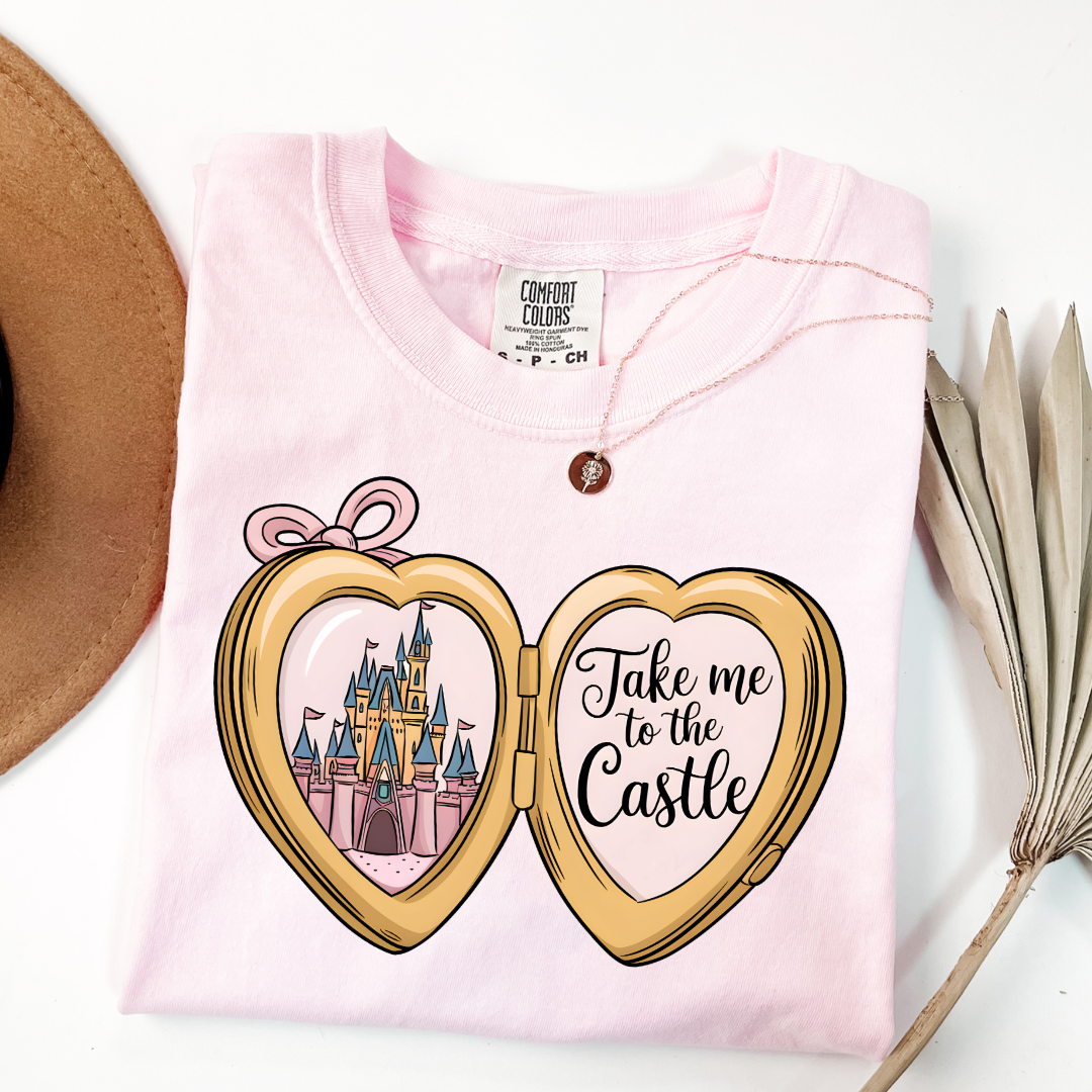 Customized Adult Blossom Pink Comfort colors Tee with locket caste design on the front Script take me to the castle Disney.