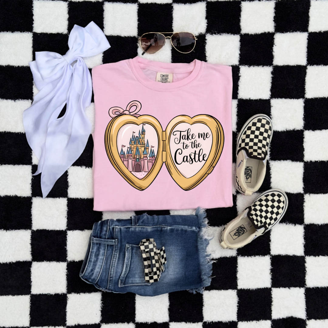 Customized Youth Blossom Pink Comfort colors Graphic tee with locket castle design on the front Script take me to the castle Disney.