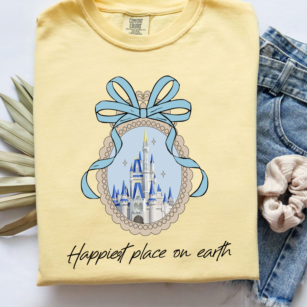Customized Adult Butter yellow Happiest place on earth Disney castle with bow Matching Youth Available