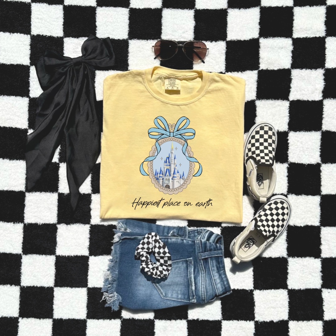 Customized Youth Butter Yellow Happiest place on earth Disney castle with bow Matching Youth Available
