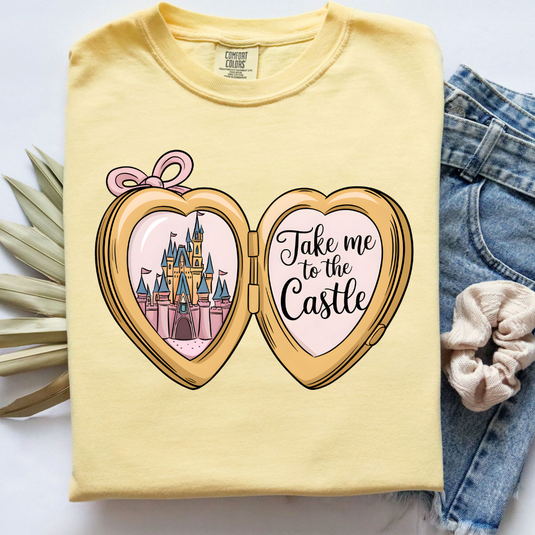 Customized Adult Butter Yellow Comfort colors Tee with locket caste design on the front Script take me to the castle Disney.