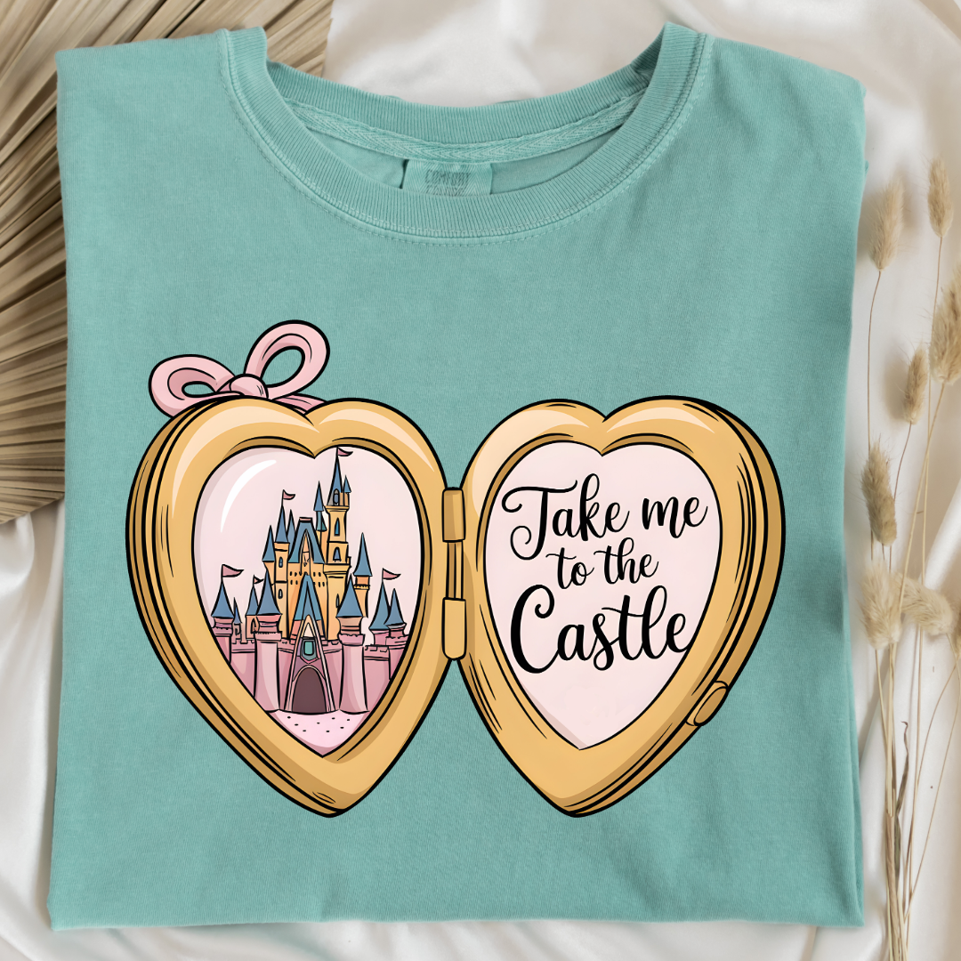 Customized Adult Chalky Mint Comfort colors Tee with locket caste design on the front Script take me to the castle Disney.