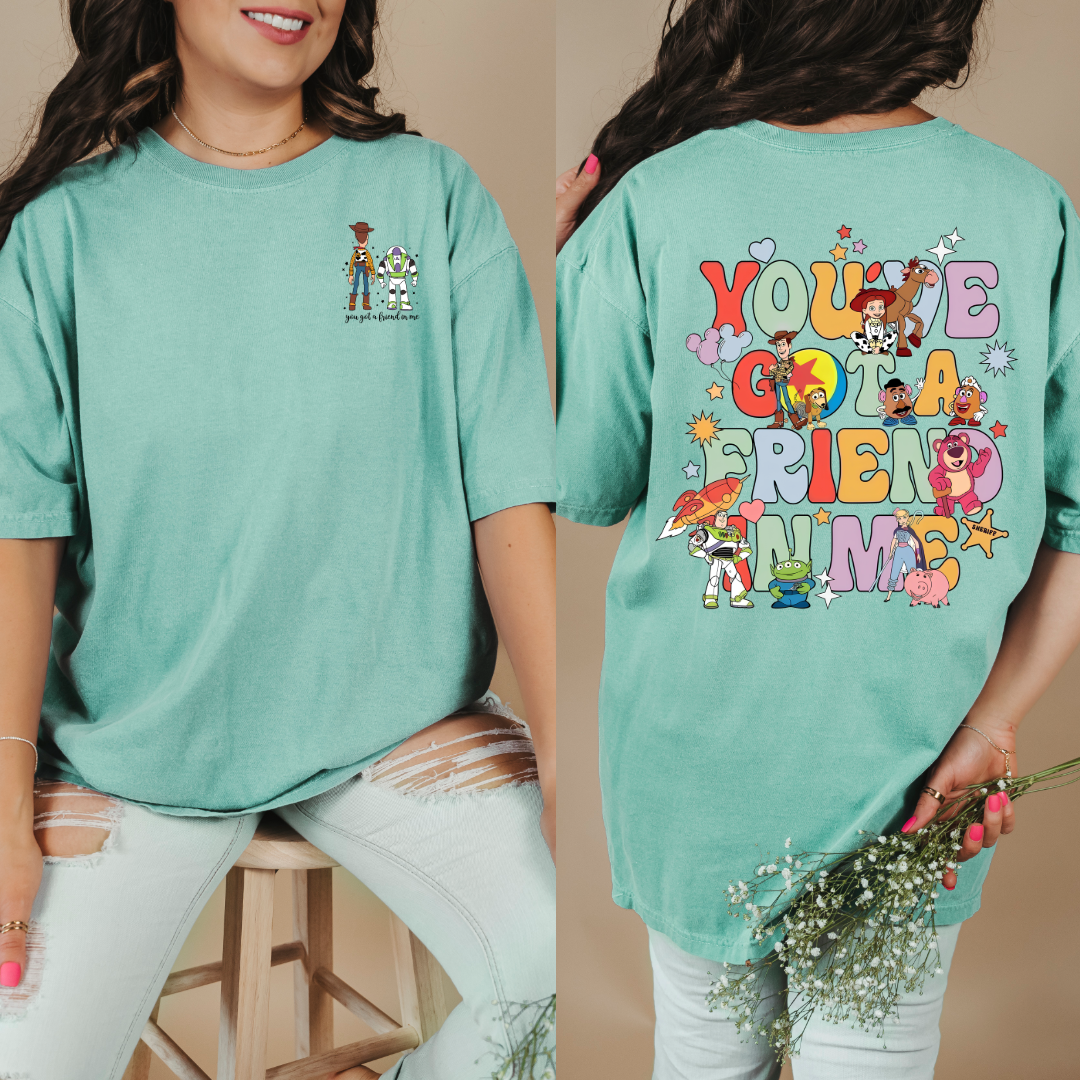 Adult Customized Toy Story Chalky Mint graphic tee You've got a friend in me bubble letters. Matching Youth Tee and crewneck available.