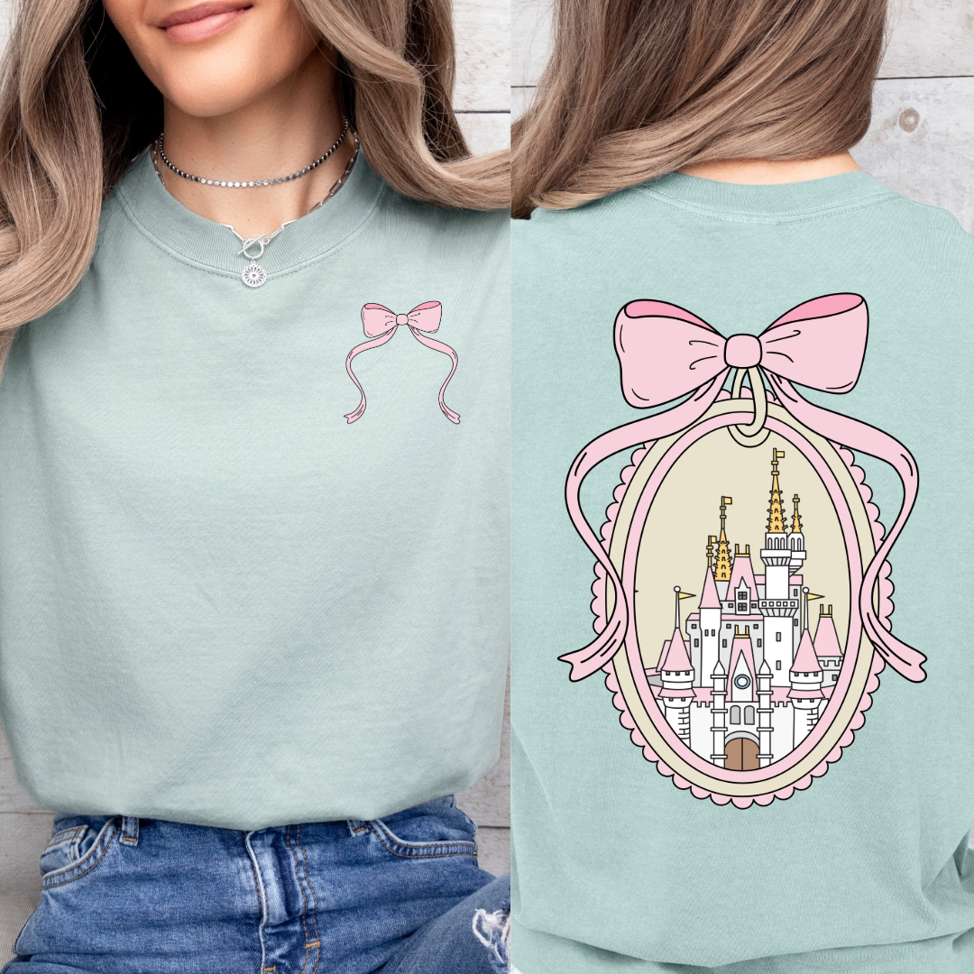 Adult Customized Coquette Castle frame with bow Bay Green Tee With Bow front