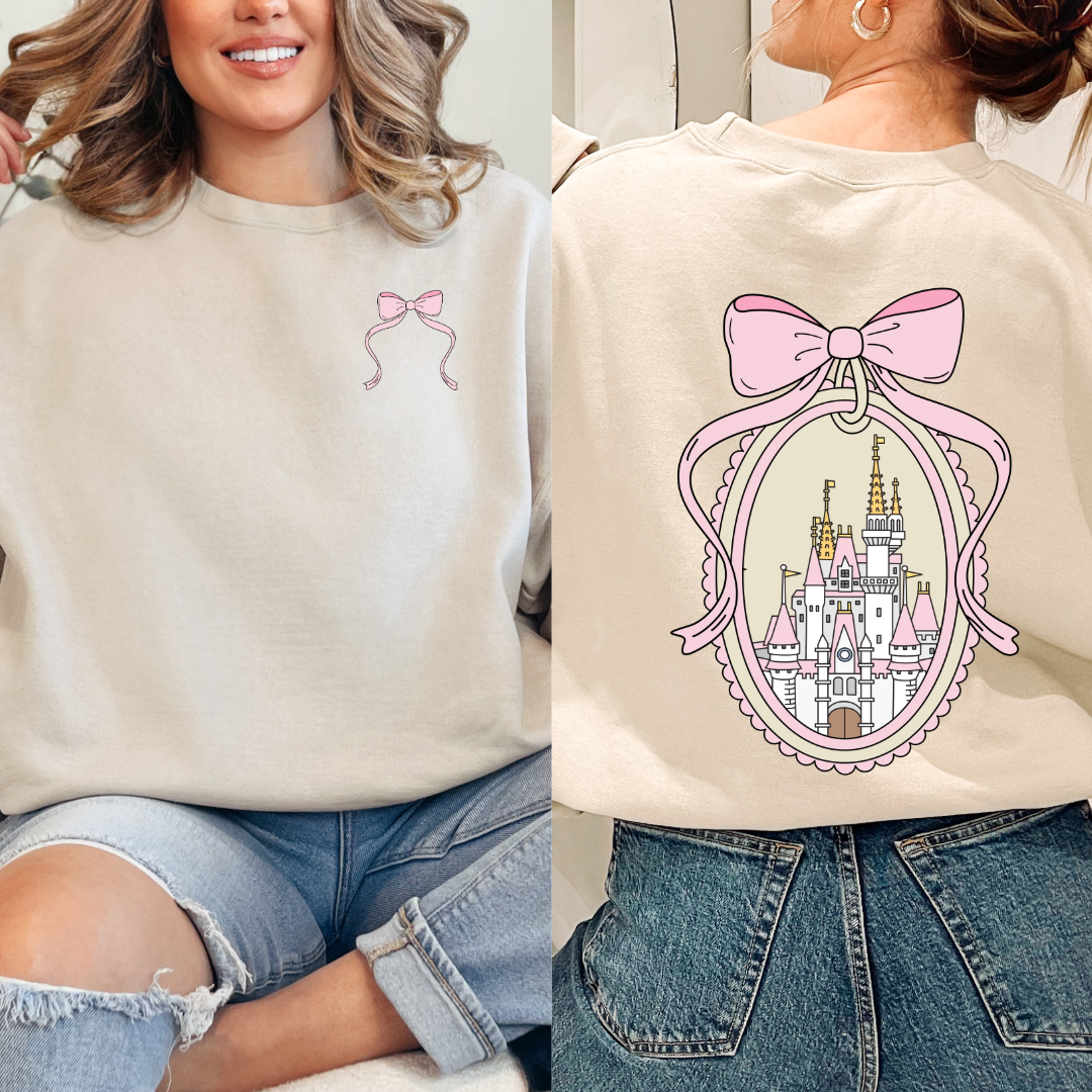 Adult Customized Coquette Castle frame with bow Beige Crewneck