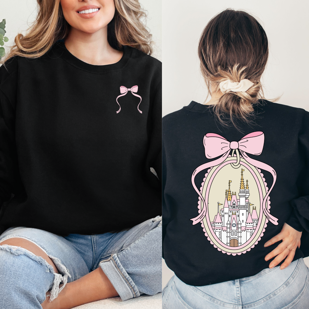 Adult Customized Coquette Castle frame with bow Black Crewneck