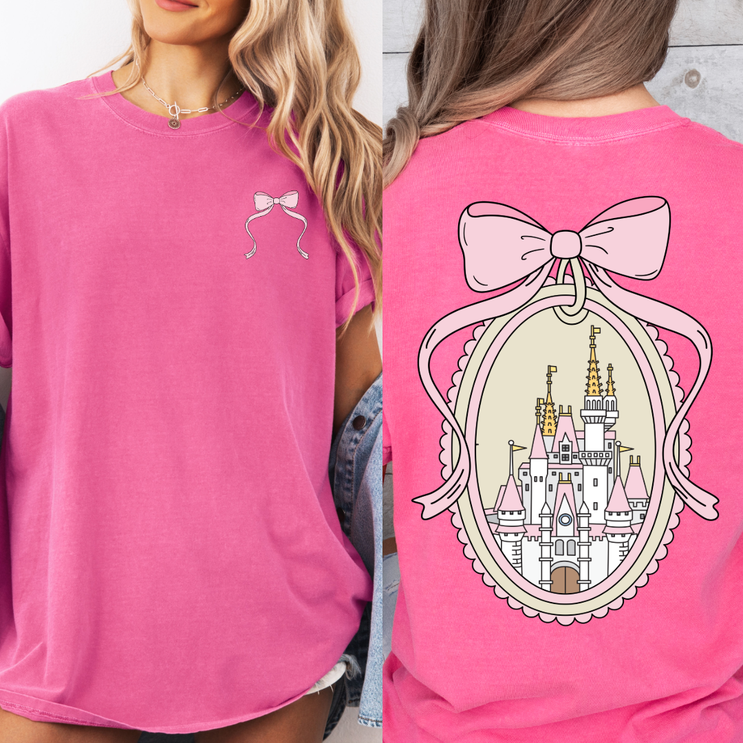 Adult Customized Coquette Castle frame with bow Crunchberry Tee With Bow front