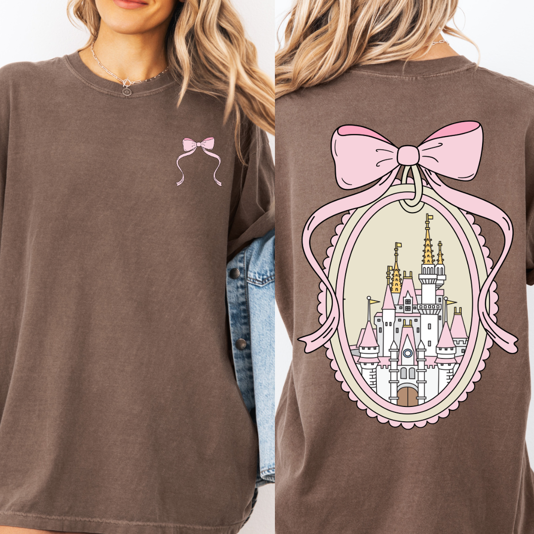 Adult Customized Coquette Castle frame with bow Espresso Brown Tee With Bow front