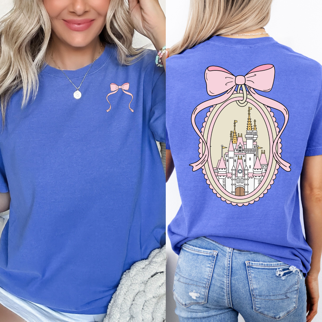 Adult Customized Coquette Castle frame with bow Flo blue Tee With Bow front