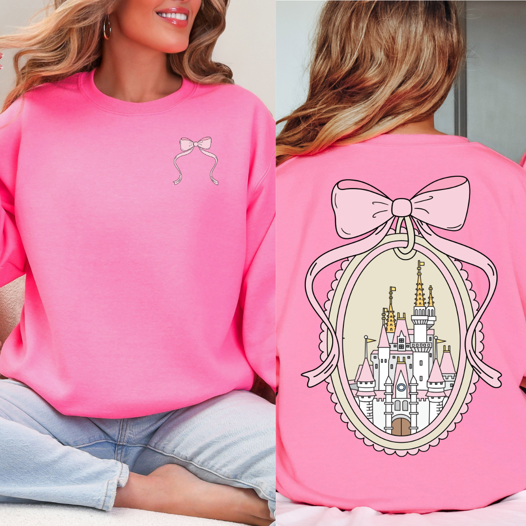Adult Customized Coquette Castle frame with bow Hot Pink Crewneck