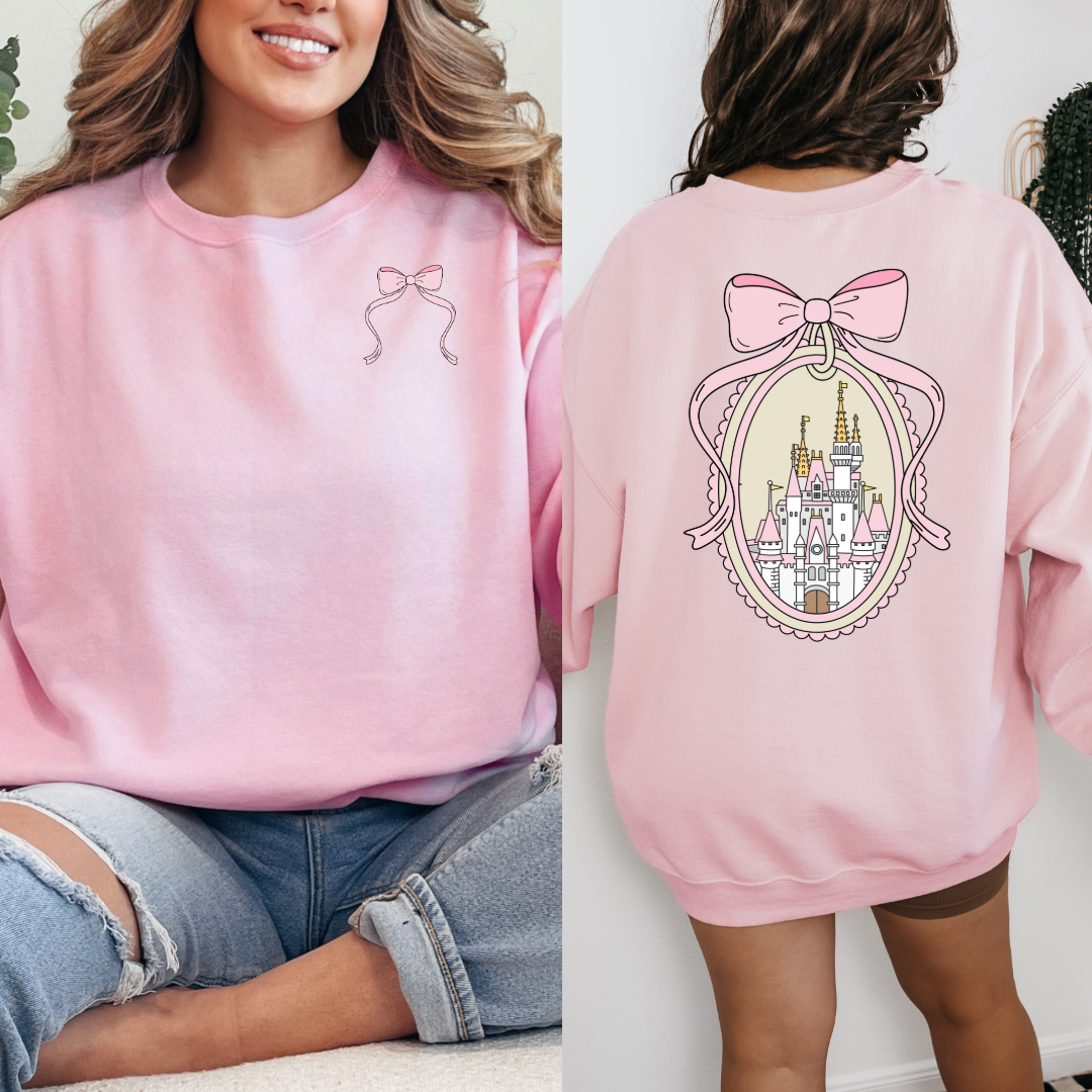 Adult Customized Coquette Castle frame with bow Light Pink Crewneck