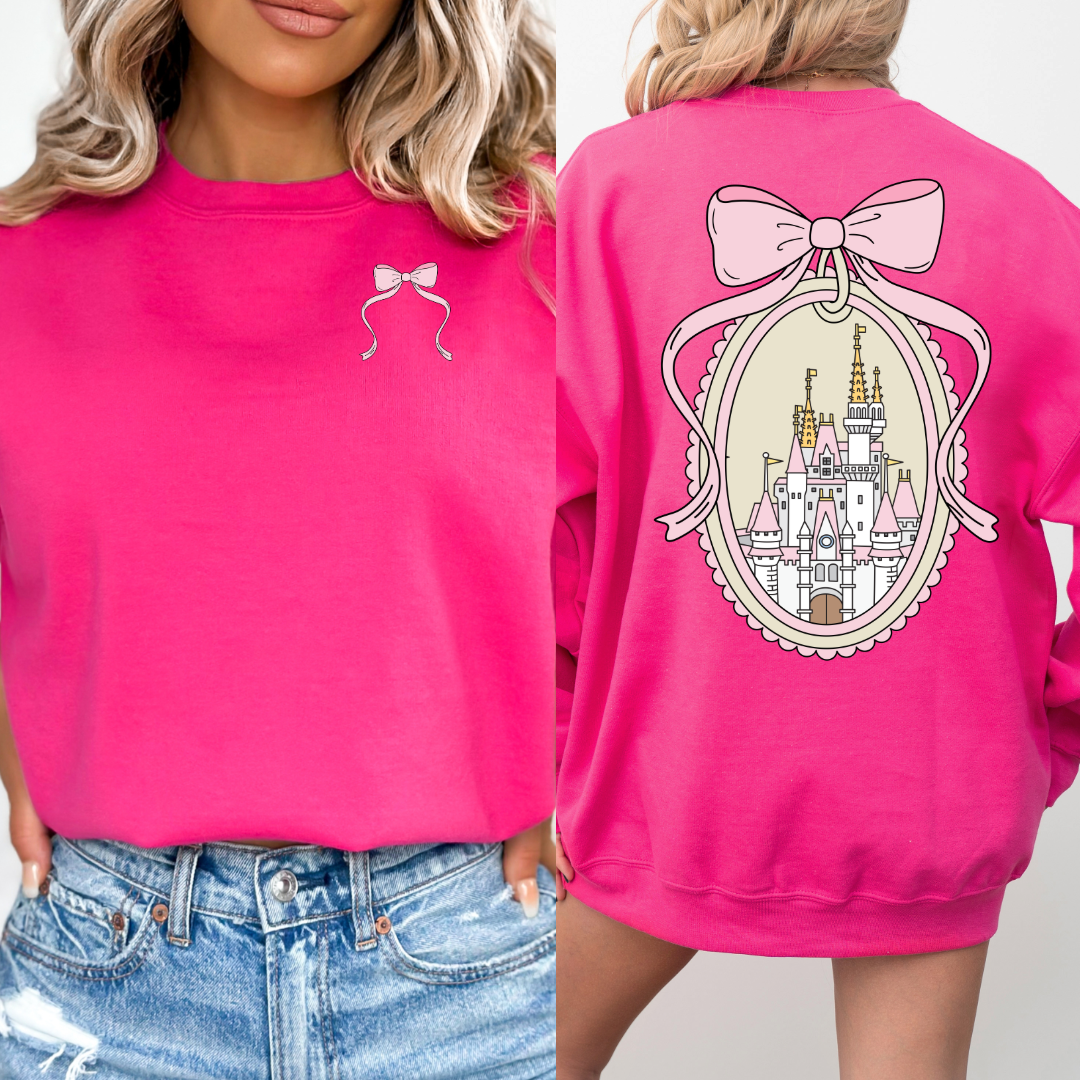 Adult Customized Coquette Castle frame with bow Medium Hot Pink Crewneck