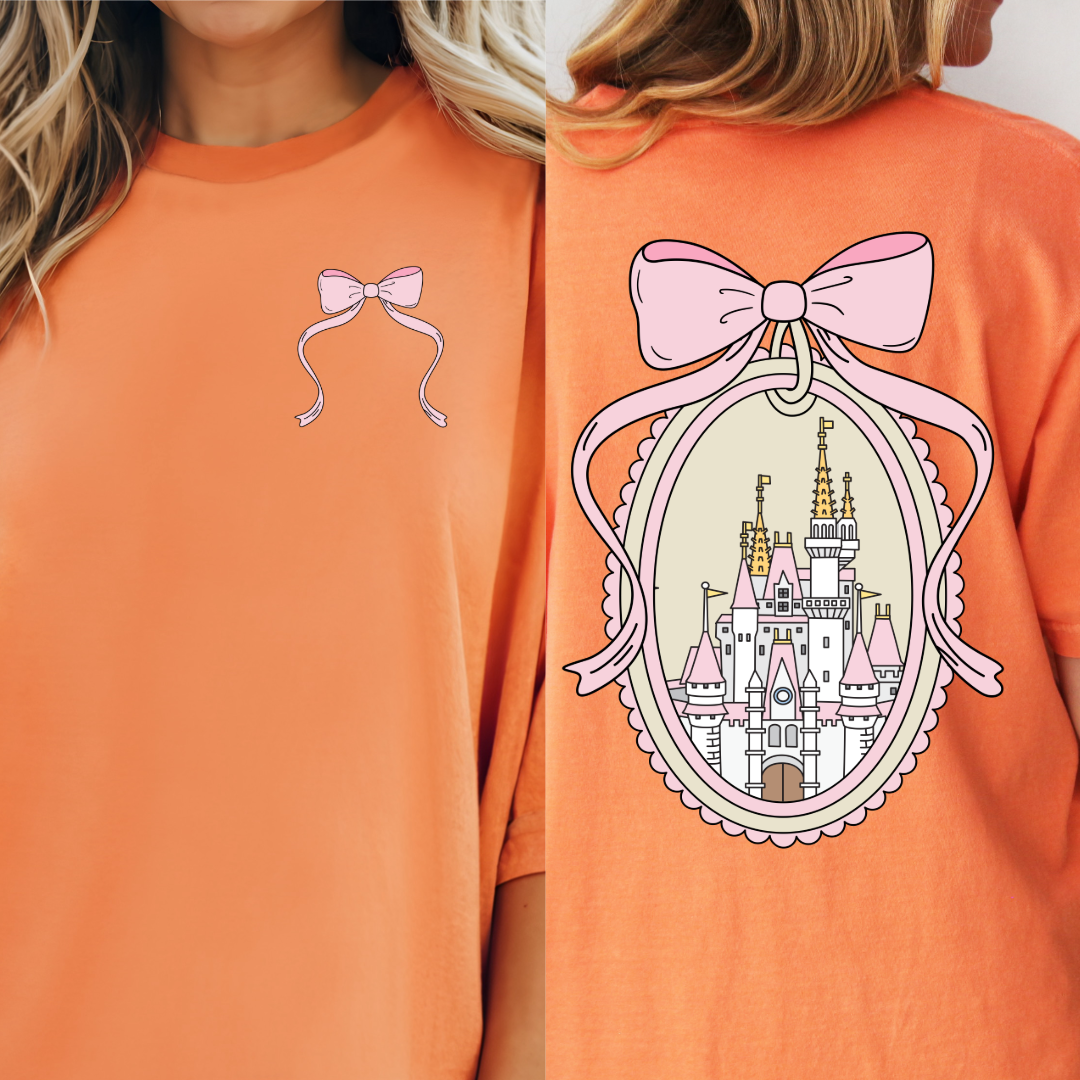 Adult Customized Coquette Castle frame with bow Melon Orange Tee With Bow front