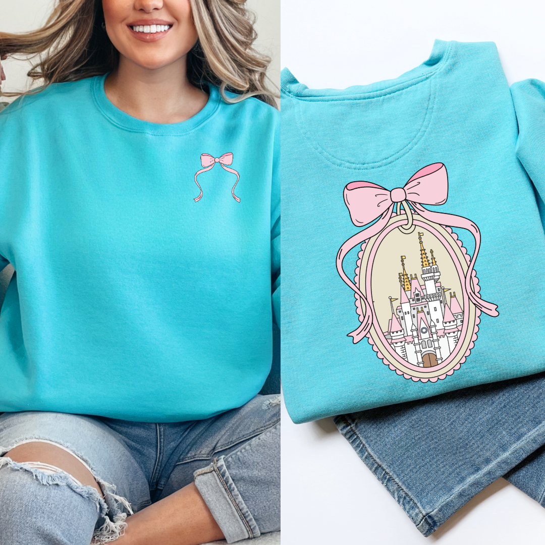 Adult Customized Coquette Castle frame with bow Scuba Blue Crewneck