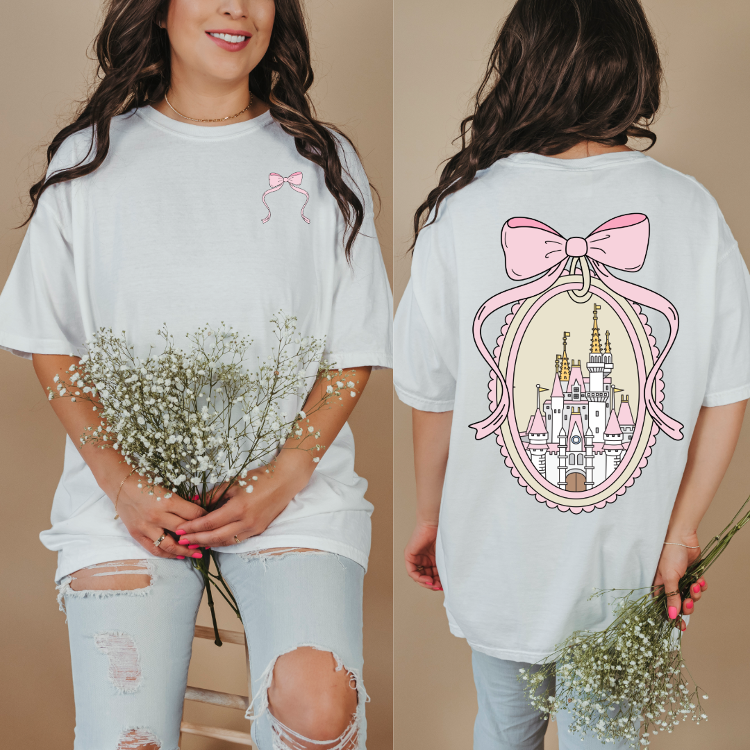 Adult Customized Coquette Castle frame with bow White Tee With Bow front