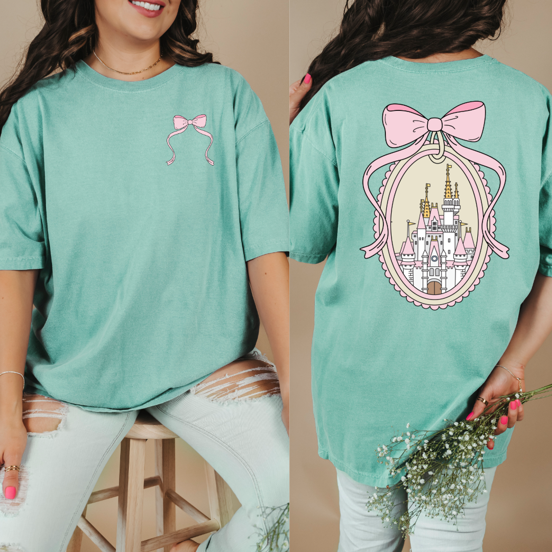 Adult Customized Coquette Castle frame with bow Chalky Mint Tee With Bow front