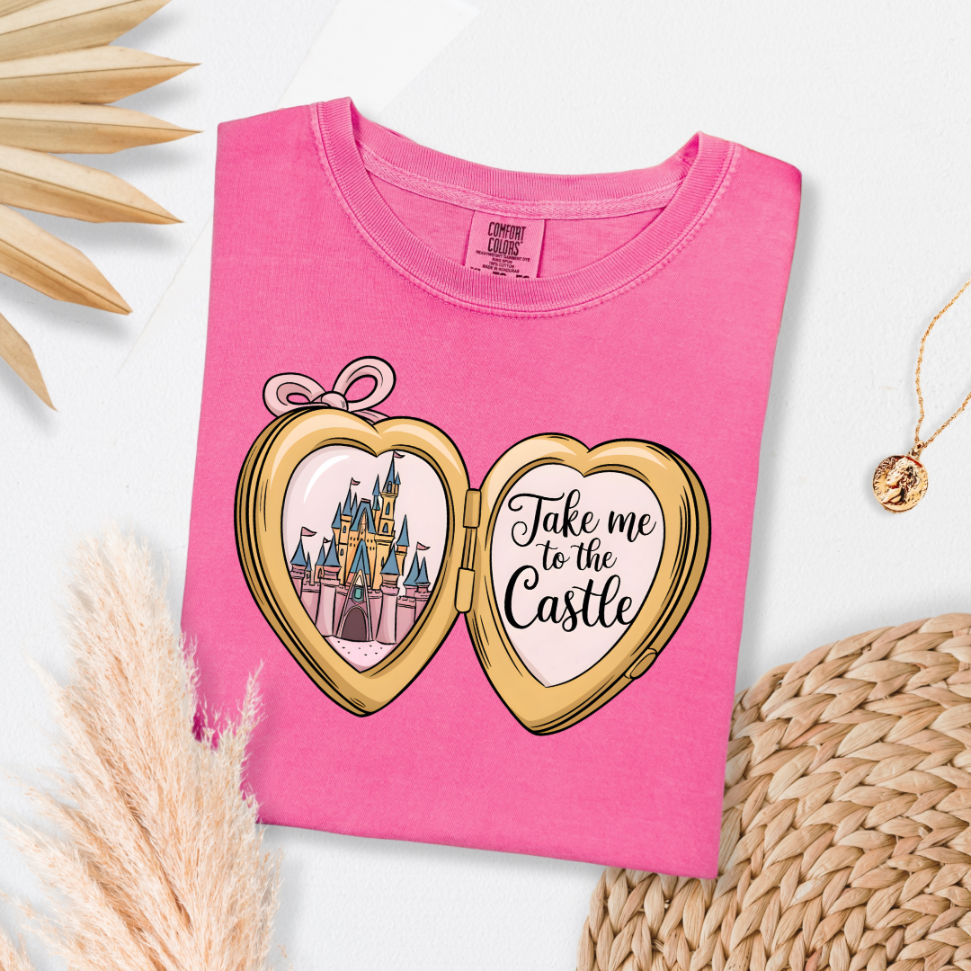 Customized Adult Crunchberry Pink Comfort colors Tee with locket caste design on the front Script take me to the castle Disney.