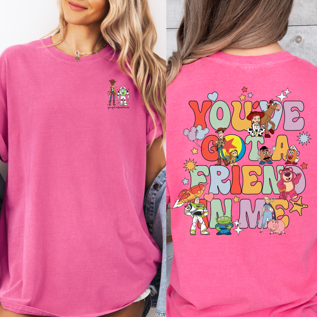 Adult Customized Toy Story Crunchberry Pink graphic tee You've got a friend in me bubble letters. Matching Youth Tee and crewneck available.
