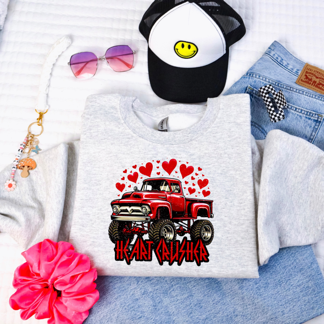 Customizable Youth Grey Boys heart crusher monster truck Valentines Crewneck