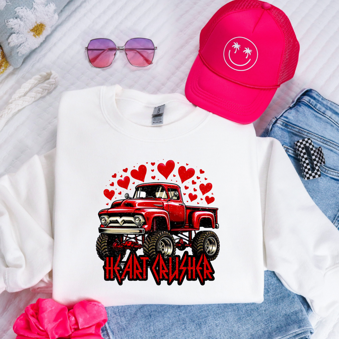 Customizable Youth white Flatlay Boys heart crusher monster truck Valentines Crewneck
