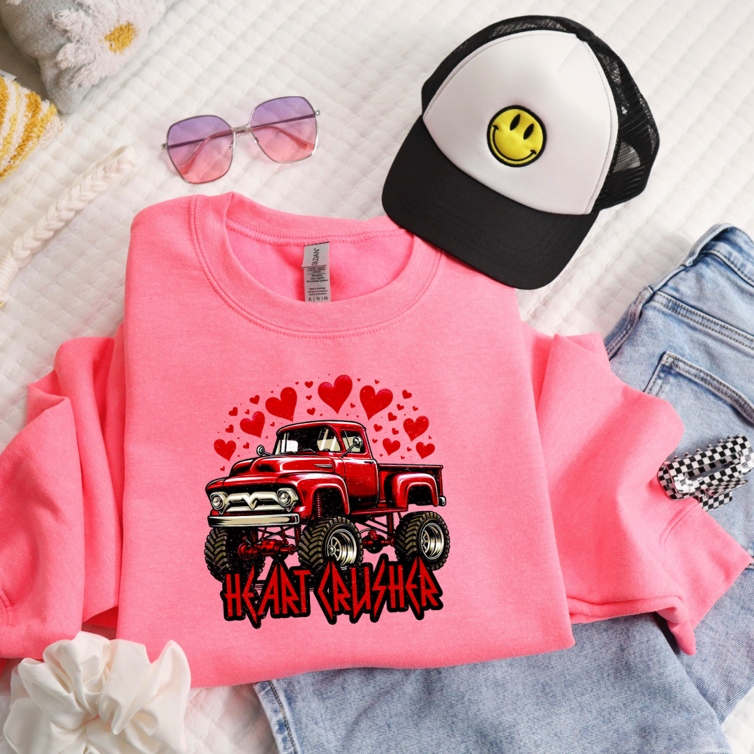 Customizable Youth Pink Boys heart crusher monster truck Valentines Crewneck