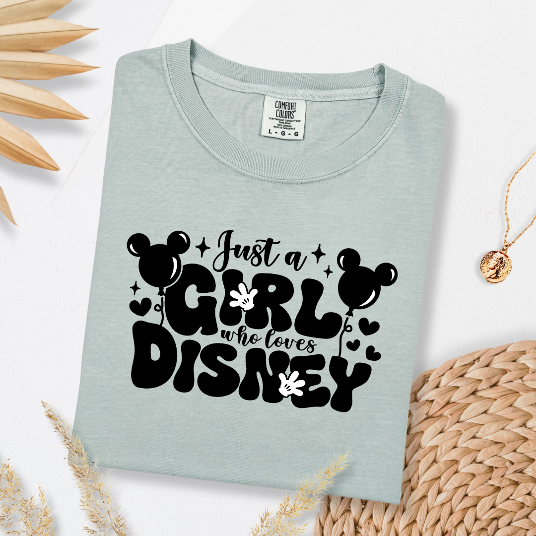 Customized Adult Bay green T-Shirt Just a girl who loves Disney bubble writing mickey balloon on string with mickey gloves