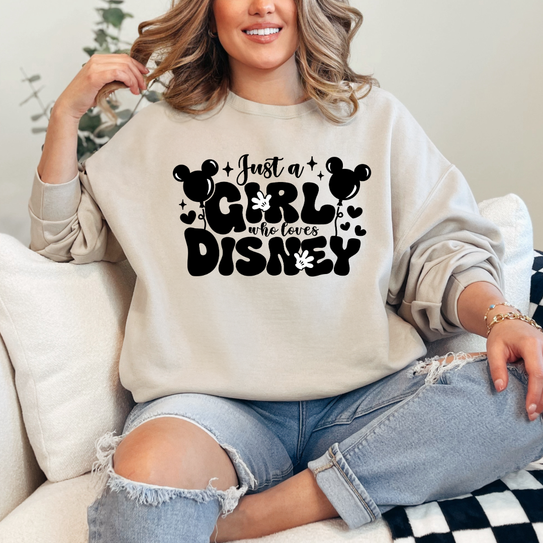 Customized Adult Beige Crewneck Just a girl who loves Disney bubble writing mickey balloon on string with mickey gloves