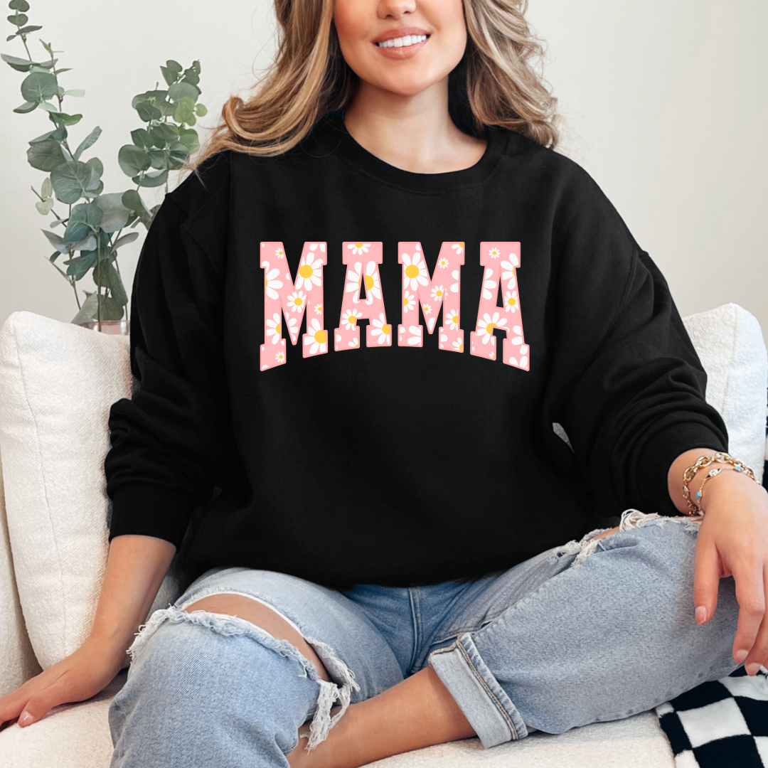 Customized Adult Black Graphic tee with varsity letter font Mama with yellow and pink daisies Matching mini tee and crewneck available.
