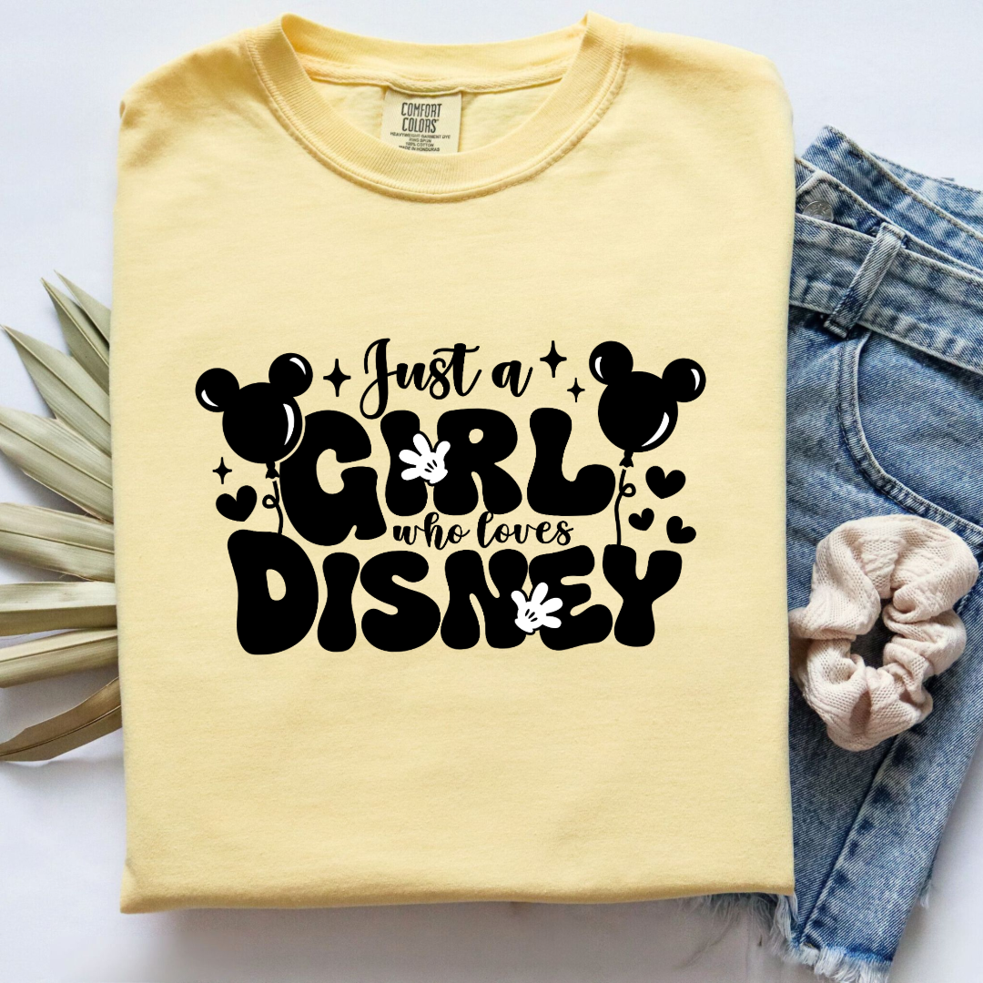 Customized Adult Butter Yellow T-Shirt Just a girl who loves Disney bubble writing mickey balloon on string with mickey gloves