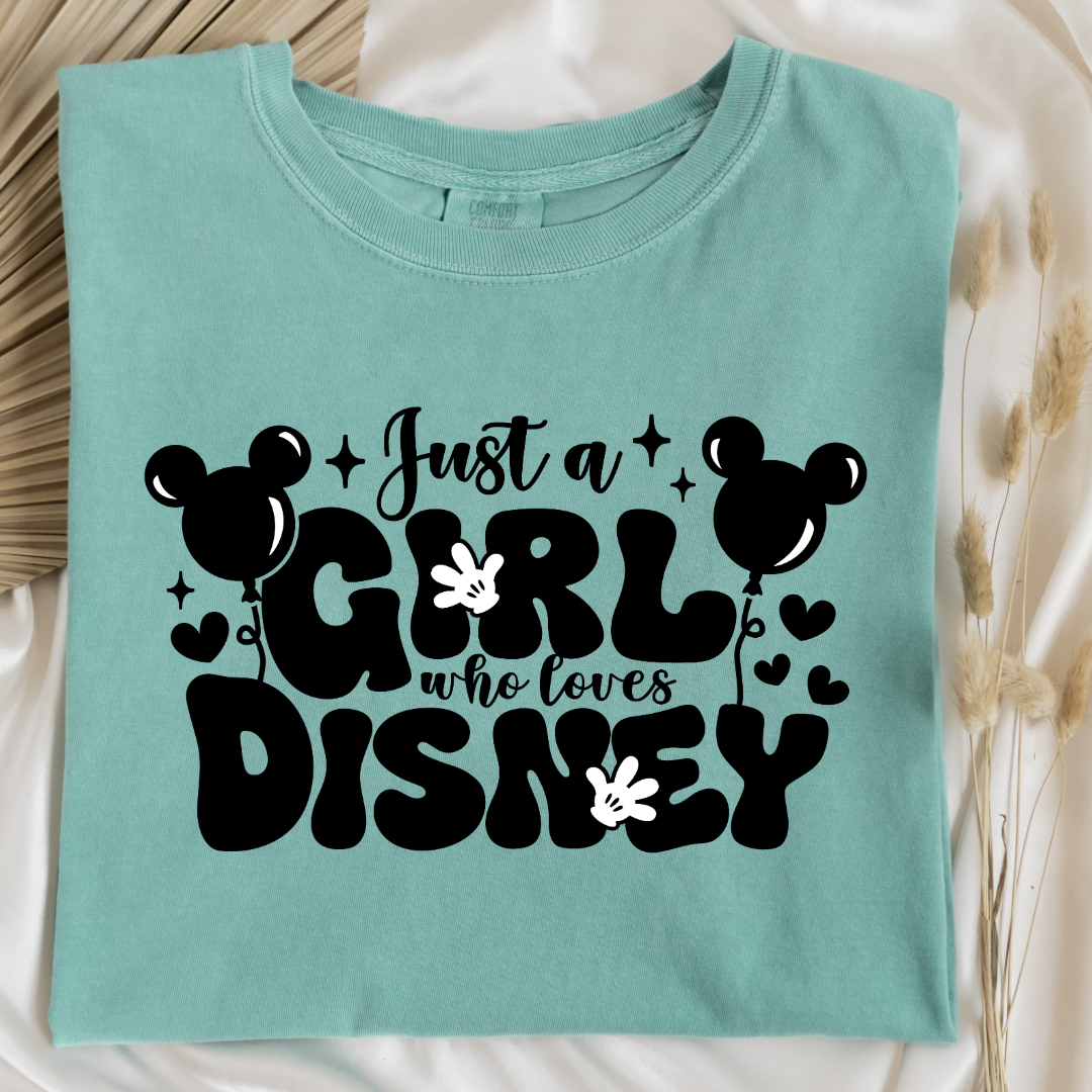 Customized Adult Chalky Mint Green T-Shirt Just a girl who loves Disney bubble writing mickey balloon on string with mickey gloves