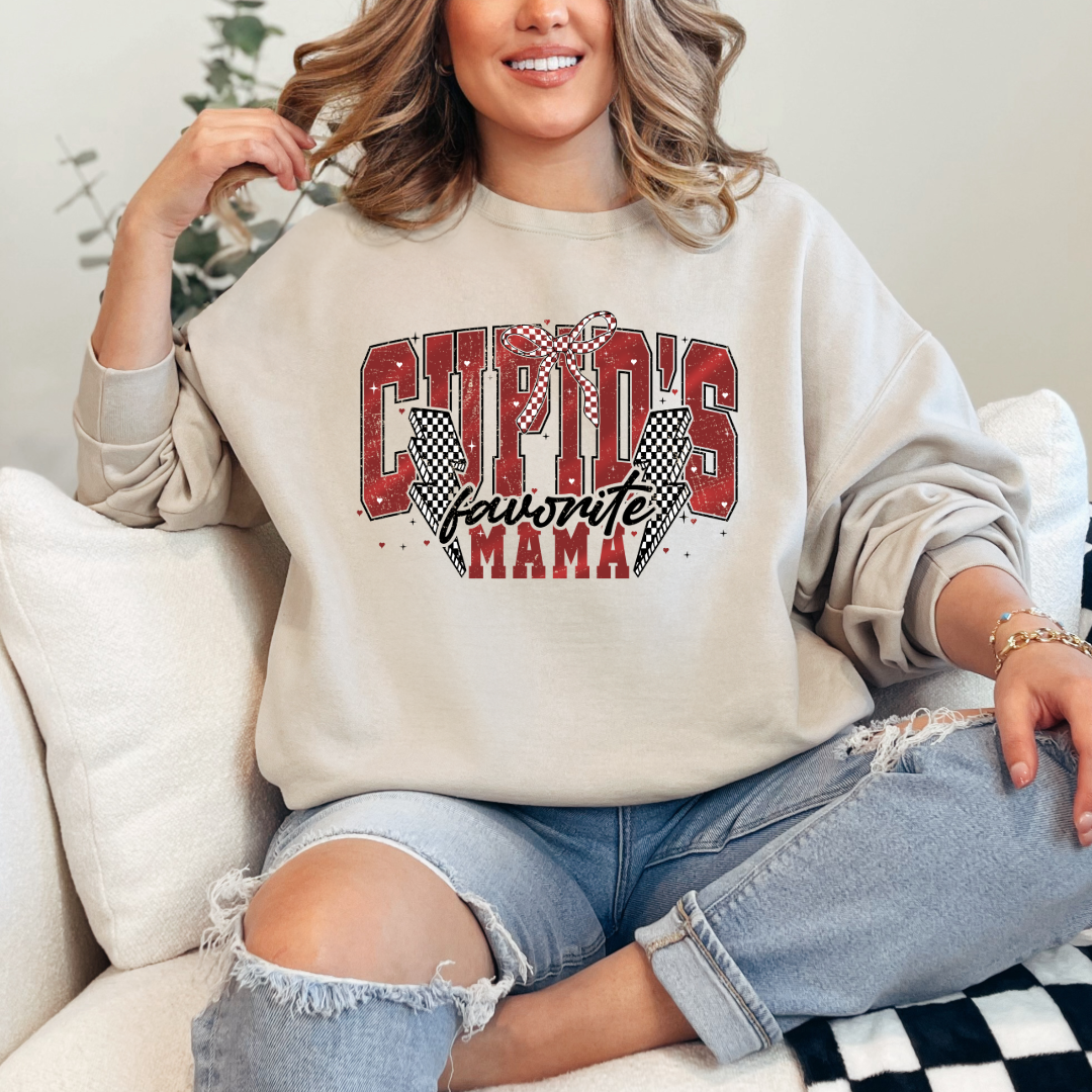 Customized Adult Crewneck Beige Cupids favorite mama black and red font black and white checkered lightening bolt Matching adult crewneck as well as matching mama crewneck and graphic tee available.