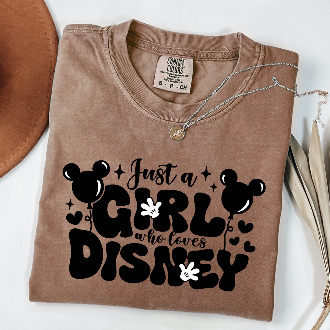 Customized Adult Espresso Brown T-Shirt Just a girl who loves Disney bubble writing mickey balloon on string with mickey gloves