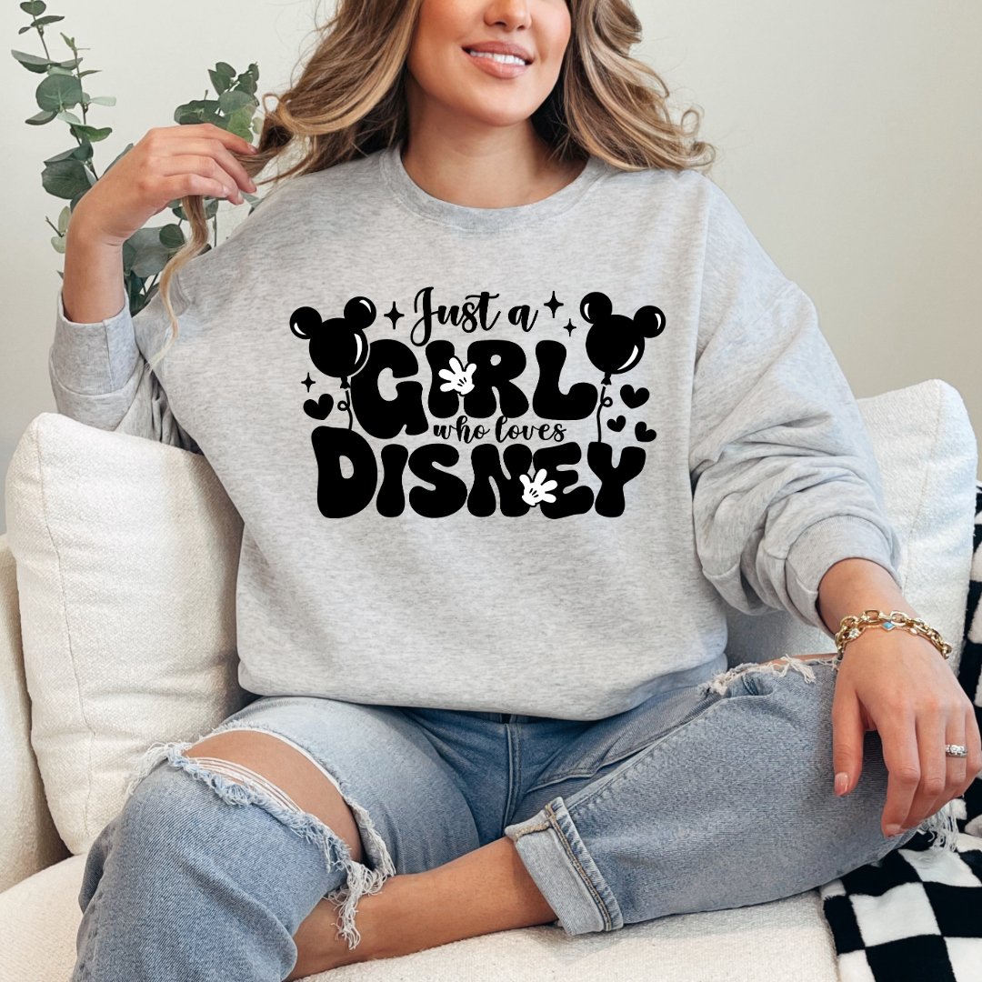 Customized Adult Grey Crewneck Just a girl who loves Disney bubble writing mickey balloon on string with mickey gloves