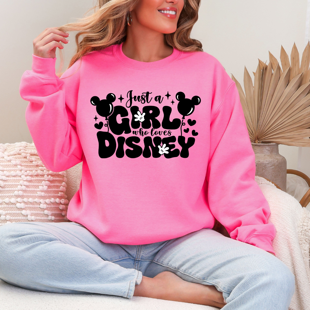 Customized Adult Hot Pink Crewneck Just a girl who loves Disney bubble writing mickey balloon on string with mickey gloves