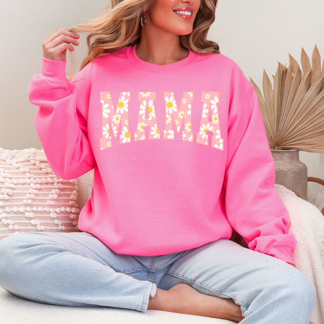 Customized Adult Hot Pink Graphic tee with varsity letter font Mama with yellow and pink daisies Matching mini tee and crewneck available.