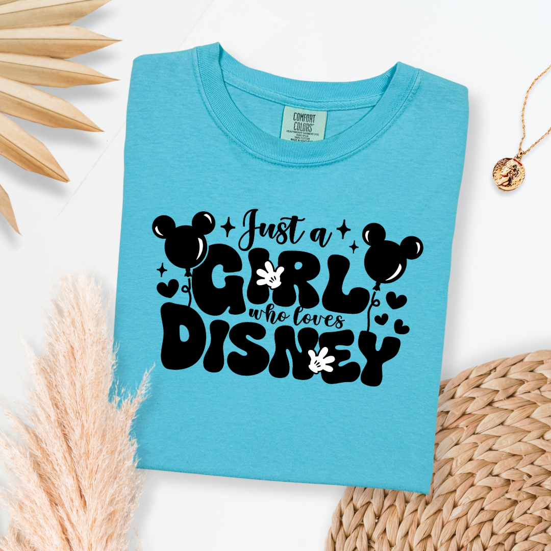 Customized Adult Lagoon Blue T-Shirt Just a girl who loves Disney bubble writing mickey balloon on string with mickey gloves