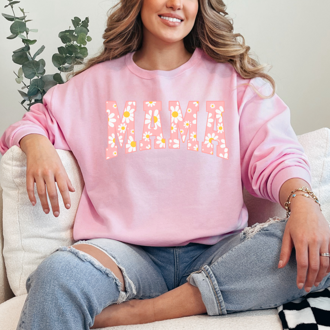 Customized Adult Light Pink Graphic tee with varsity letter font Mama with yellow and pink daisies Matching mini tee and crewneck available.