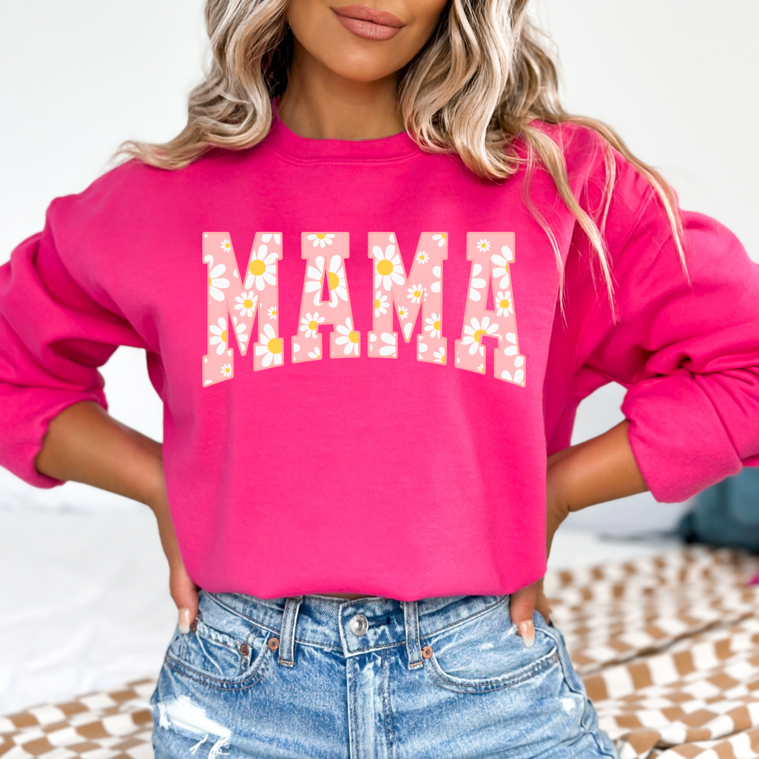 Customized Adult Medium Hot Pink Graphic tee with varsity letter font Mama with yellow and pink daisies Matching mini tee and crewneck available