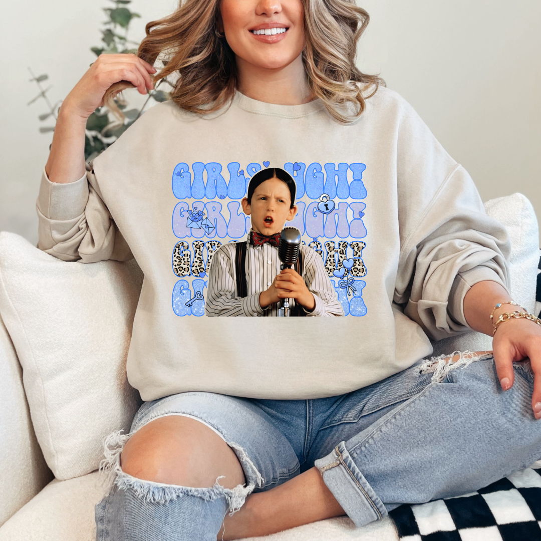 Customized Adult Mens Beige Crewneck Blue girls Ugh bubble letters and cheetah print font.