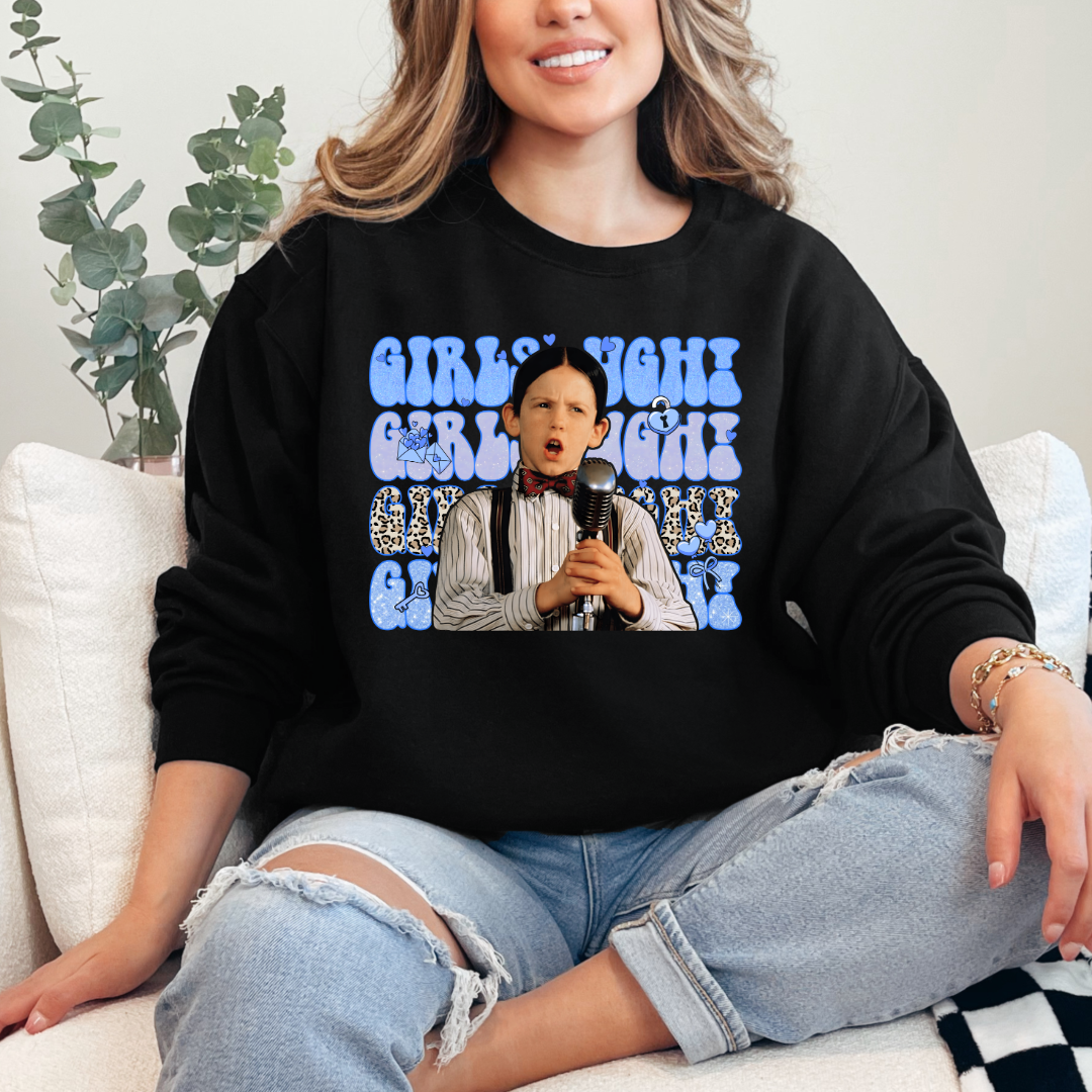 Customized Adult Mens Black Crewneck Blue girls Ugh bubble letters and cheetah print font.